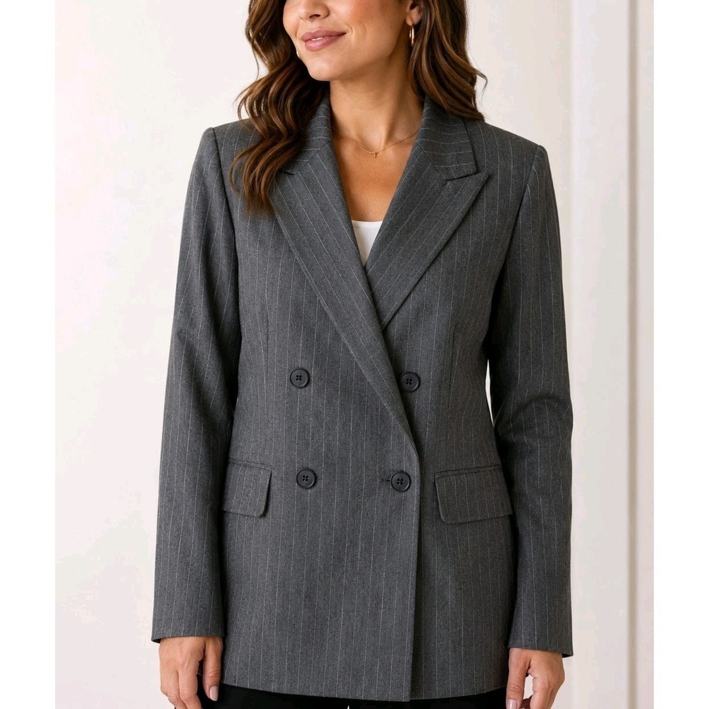 A New Day Women's Gray Pinstripe Double Breasted Blazer Jacket L
